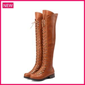 Flat Knee High Boots Lace Up Riding Boots PU Leather 22.4" Shaft